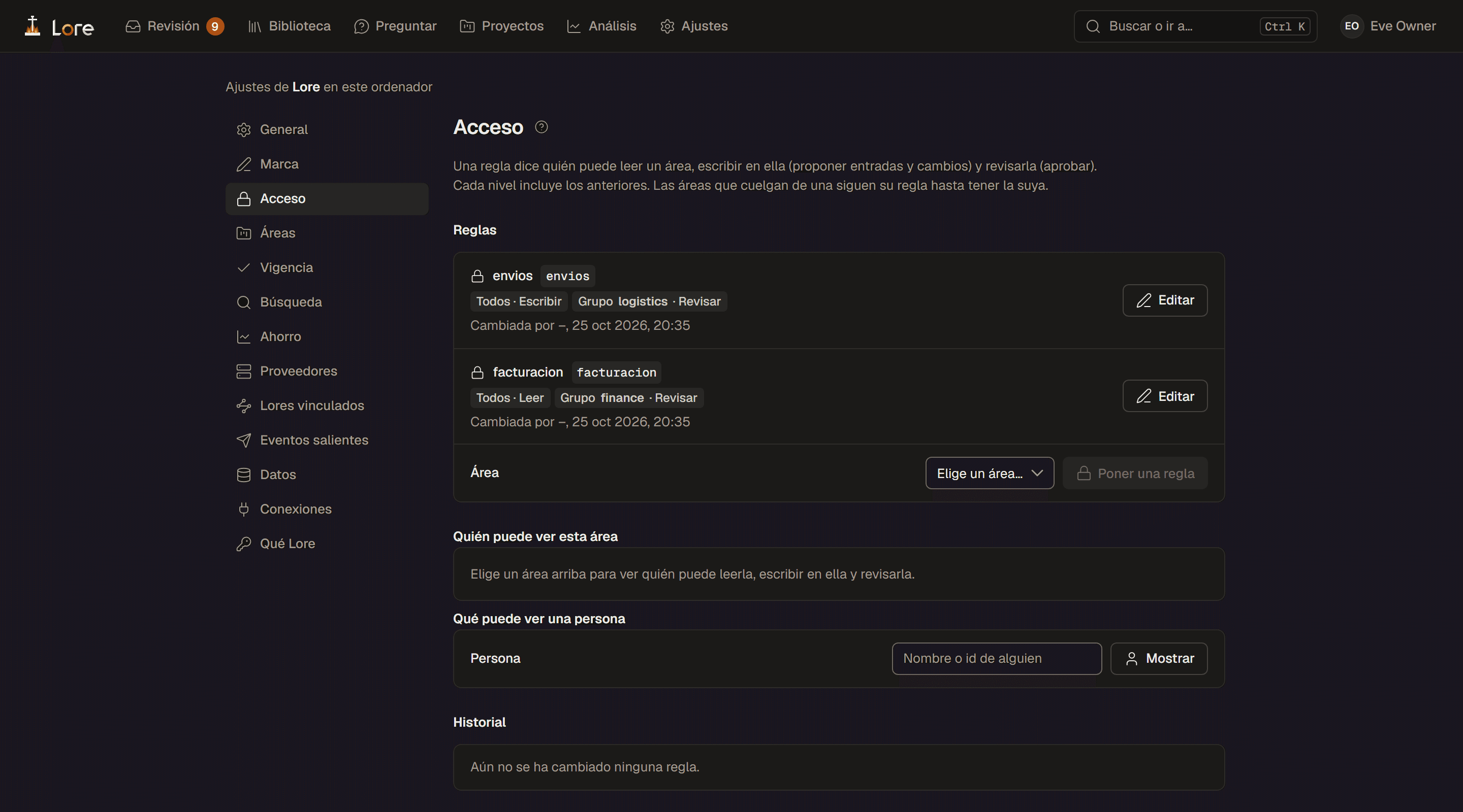 Ajustes, Acceso: las reglas de las áreas facturacion y envios, quién puede leer, escribir y revisar cada una, con herramientas para ver quién ve un área y qué puede ver una persona
