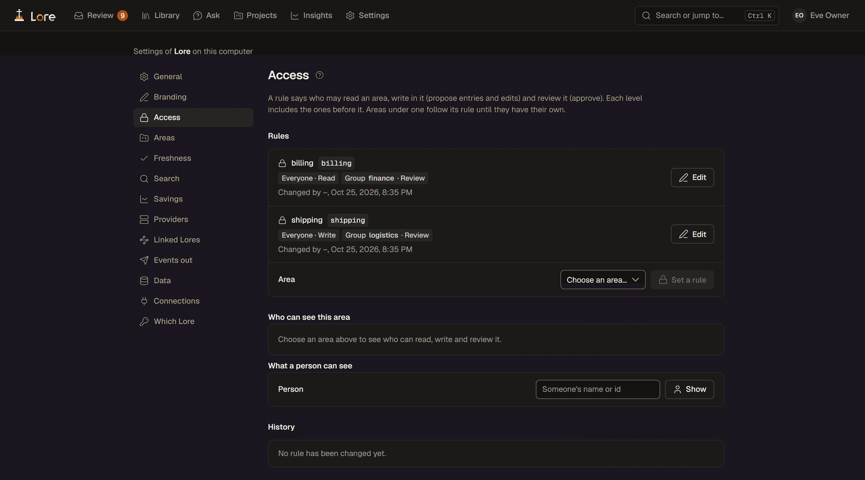 Settings, Access: the rules for the billing and shipping areas, who may read, write and review each, with tools to see who can see an area and what a person can see