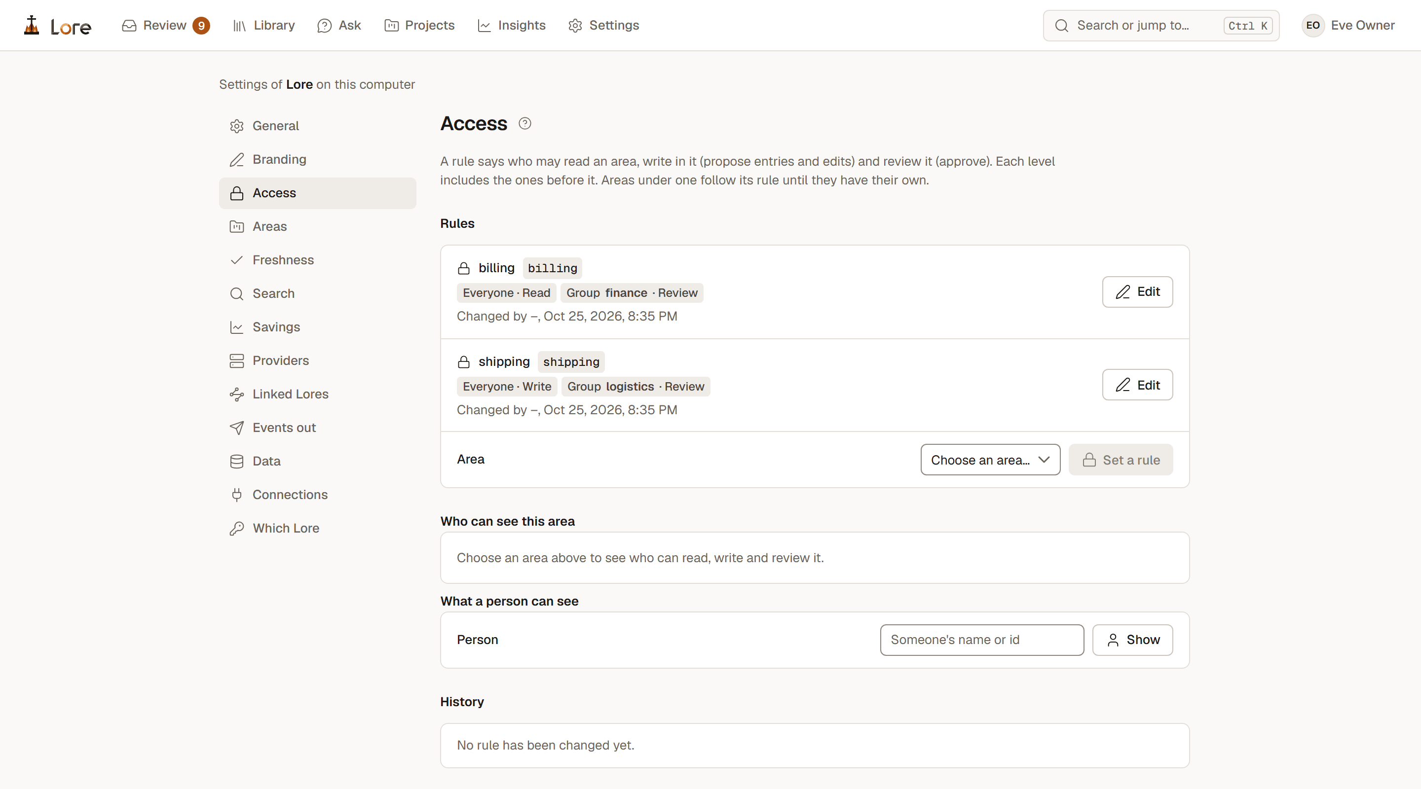 Settings, Access: the rules for the billing and shipping areas, who may read, write and review each, with tools to see who can see an area and what a person can see