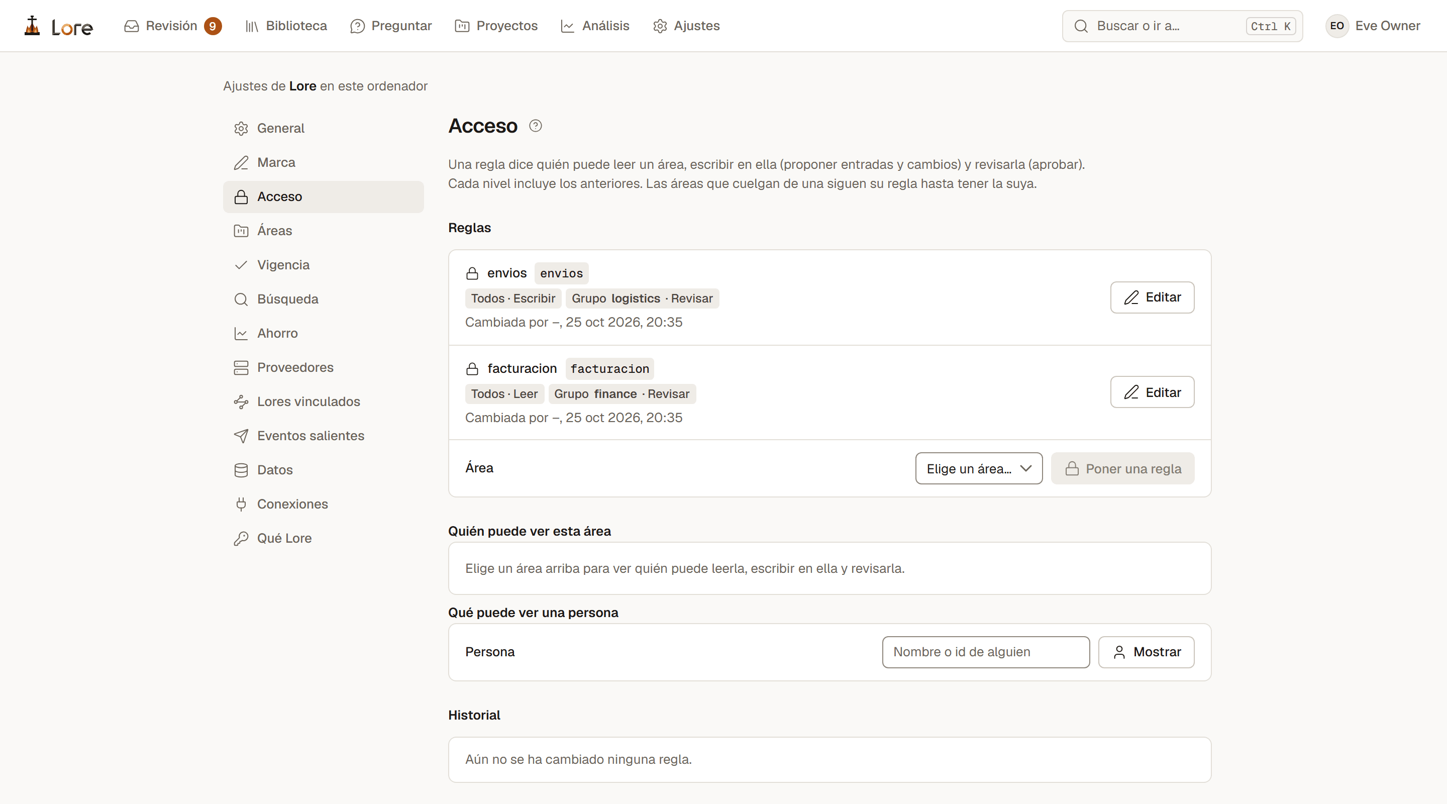 Ajustes, Acceso: las reglas de las áreas facturacion y envios, quién puede leer, escribir y revisar cada una, con herramientas para ver quién ve un área y qué puede ver una persona