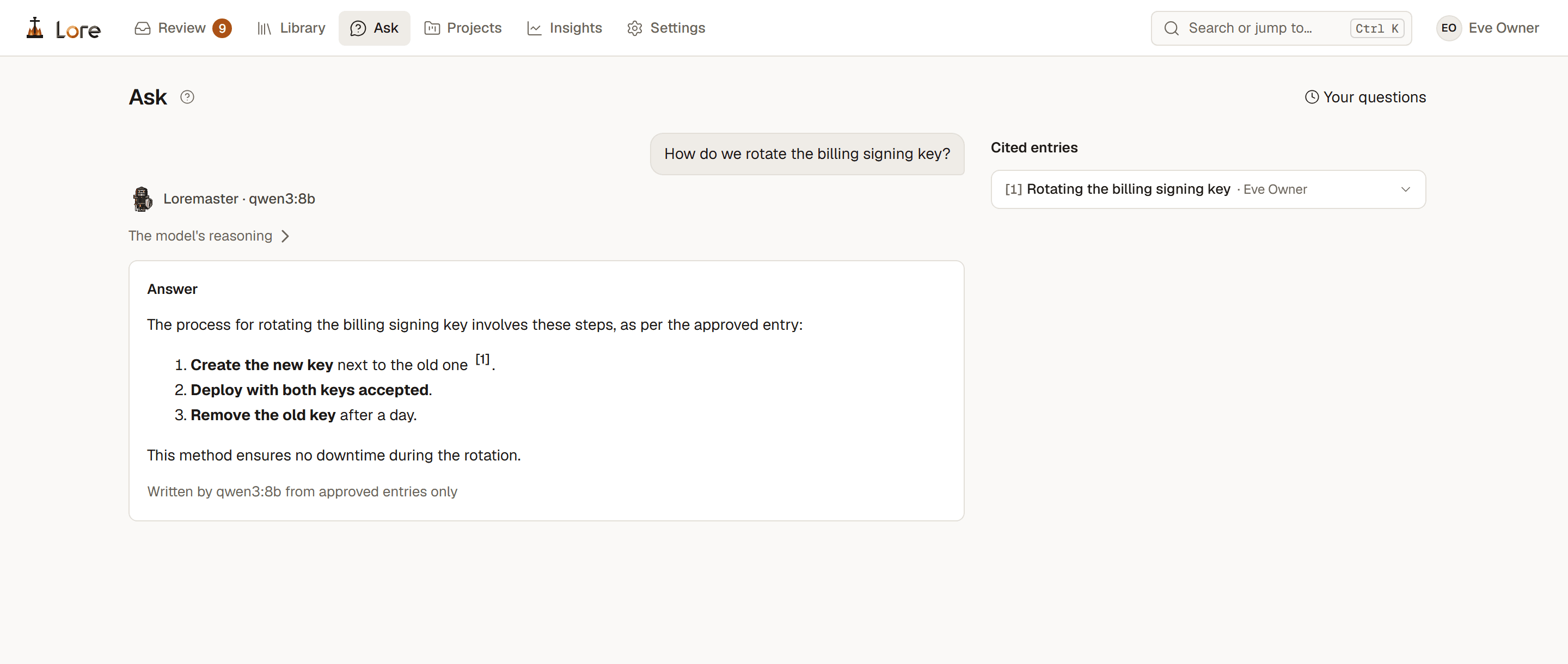 Ask: the question, the Loremaster's answer by Qwen3 8B in three steps citing one entry, and the cited entry with its owner