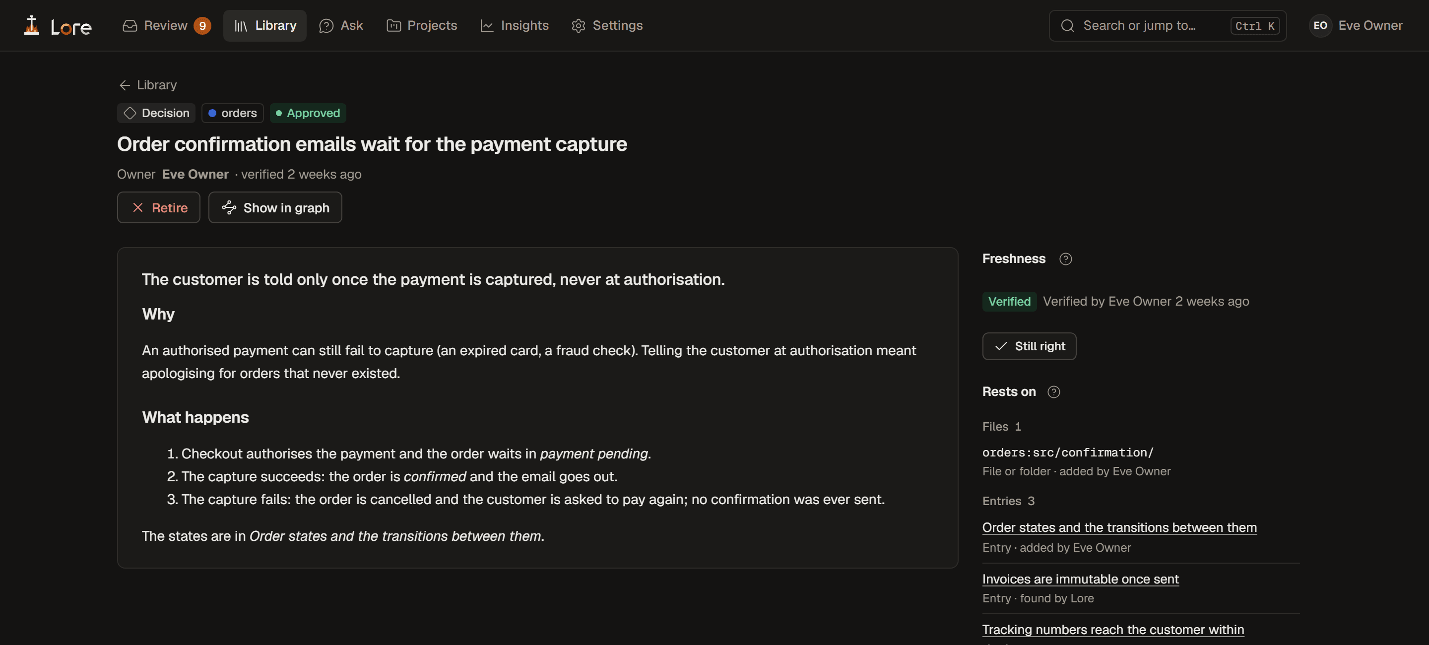 An entry in Lore: a decision with its owner, its body, its freshness (verified two weeks ago), the file and the entry it rests on