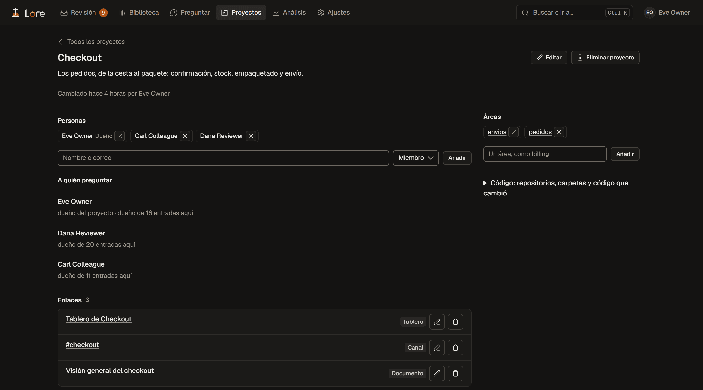 La página de un proyecto: Checkout, su gente, a quién preguntar con cuántas entradas tiene cada uno, sus áreas y sus enlaces