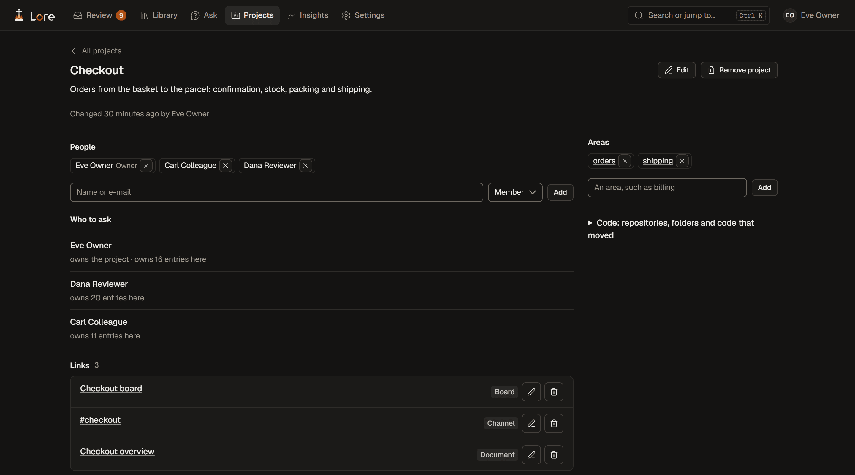 A project page: Checkout, its people, who to ask with how many entries each owns, its areas and its links