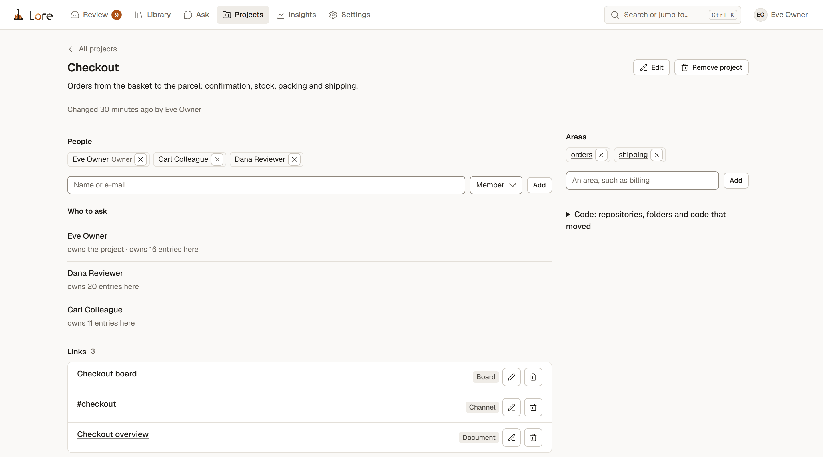 A project page: Checkout, its people, who to ask with how many entries each owns, its areas and its links