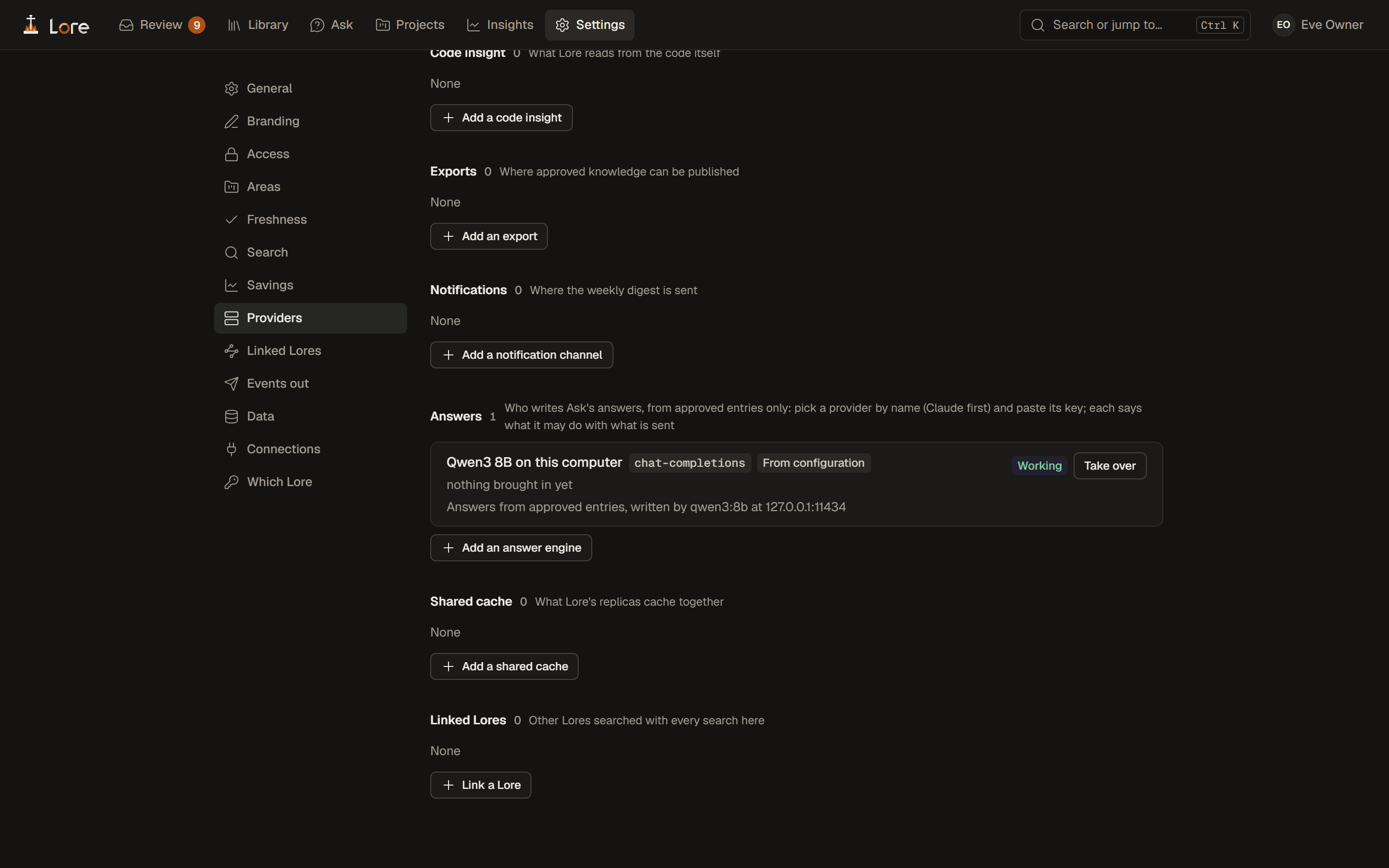 Settings, Providers: code insight, exports, notifications, answers with Qwen3 8B on this computer working, shared cache and linked Lores, each with a button to add one