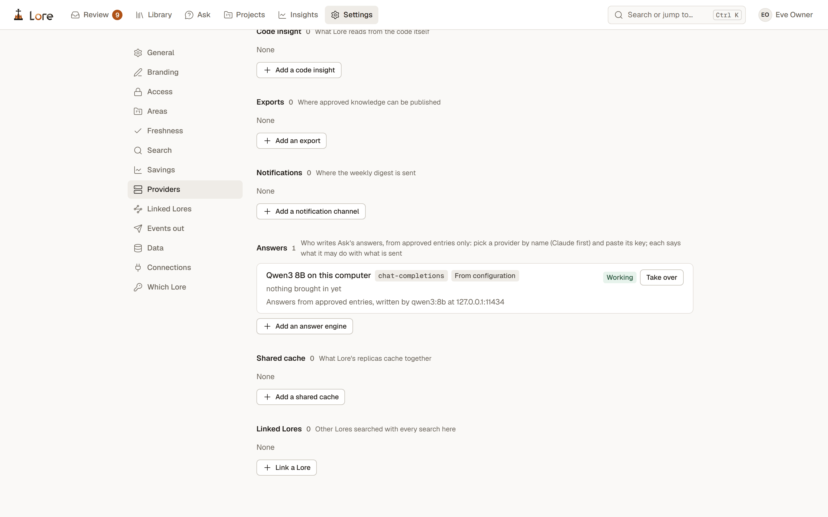 Settings, Providers: code insight, exports, notifications, answers with Qwen3 8B on this computer working, shared cache and linked Lores, each with a button to add one